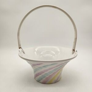 Vintage Teleflora Portugal Ceramic Pastel Swirl Basket Wrapped Handle Easter